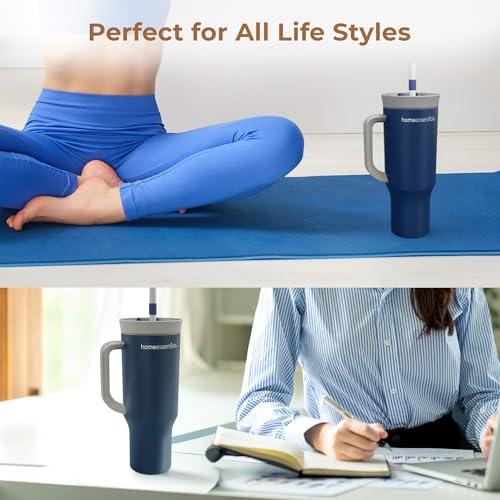 Image of HomeEssentials Stainless Steel Tumbler with Lid & Straw - Vacuum Insulated, Spill-Resistant - Keeps Drinks Hot or Cold for 12 Hours - Ideal for Office, Gym & Travel (Blue, 1200ml)