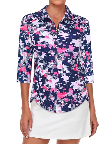 Tanst Sky Womens Golf Polo Shirts Zipper 3/4 Sleeve Moisture Wicking Tops UPF 50+ Workout Tennis Apparel