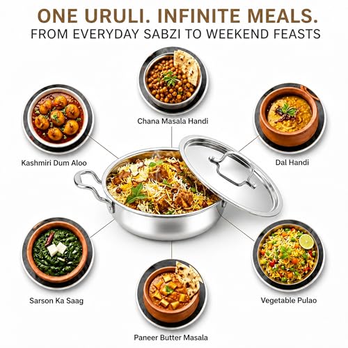 Image of SOLARA Triply Stainless Steel Uruli 24 cm with SS Lid, Tri Ply Heavy Bottom Cooking Pot, Stainless Steel Handle, Induction Friendly Deep Kadai /Uruli for Curry, Biryani & Frying