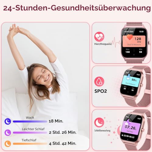 Smartwatch Damen mit Telefonfunktion(2 Strap), 1.85" HD Uhren mit Herzfrequenz/SpO2/Schlafmonitor/Schrittzähler, 120+ Sportmodi Fitnessuhr… – Ansicht 6