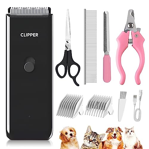 Founouly Black Dog Cat Clippers, Home Professional Cordless Cat Grooming Tools for Dog Thick Coat Clippers, Low Noise Pet Hair Trimmer Kits with 9-Pieces