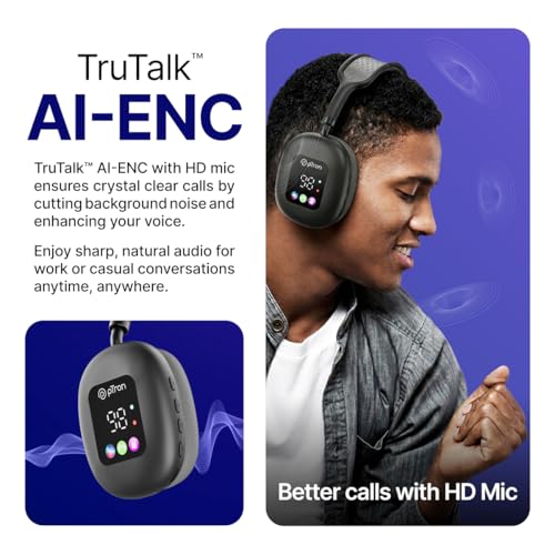 Image of pTron Studio Pixel, 70hrs Playtime, Dual Device Pairing, Wireless Over Ear Headphones w /HD Mic, TruTalk AI-ENC Calls, 40mm Drivers, Pristine Sound, RGB Display, BT5.3 & Type-C Charging (Jet Black)