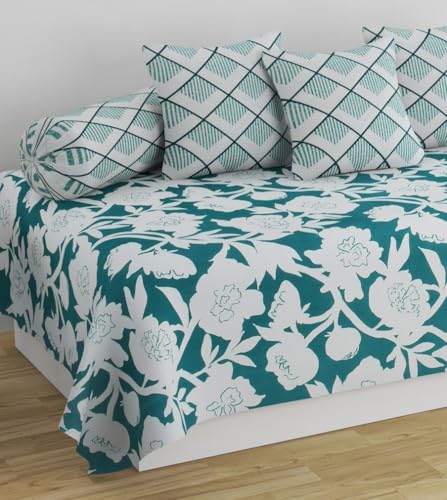 Image of Pure Soft Cotton Floral Diwan Set Covers 6 Pieces - 1 Single Bed Sheet (60 X 90) with 3 Cushion (16 X 16), 2 Bolster Covers (16 X 32) Yellow White