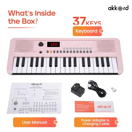Image of Akkord 37 Keys Music Keyboard - Pink Edition | MIDI USB-C, Touch Response, 200 Rhythms,Tones & 40 Demos, LED Display, Portable Beginner Piano Compatible with GarageBand.