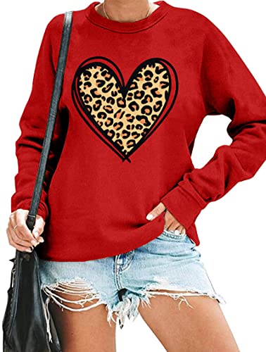Lhbnk Valentine's Day Sweatshirt Women Funny Leopard Love Heart Graphic Pullover Long Sleeve Shirt Tops #TOP1