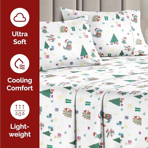 Split King Christmas Dinosaurs Sheet Set - Holiday Xmas Pattern Bedding Set - Deep Pockets - Snug Fit - 5 Piece - Wrinkle Free & Cozy - Festive Winter - Holiday Sheets for Women, Men, Kids and Teens