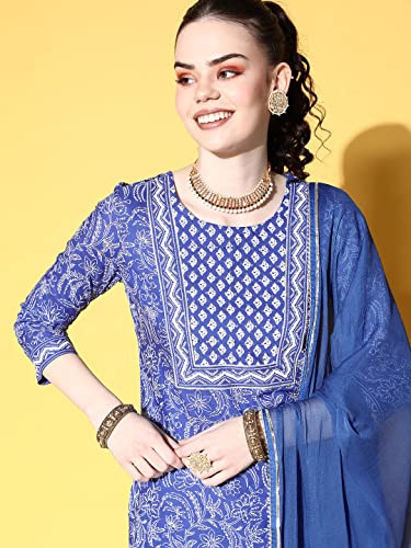 Image of ishin Women's Cotton Embroidered A-Line Kurta Trouser with Dupatta Set