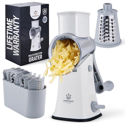 Nestware Kitchen Rallador giratorio de queso de 5 cuchillas, succión reforzada y 5 tambores intercambiables, fácil de usar, picador de verduras (blanco)