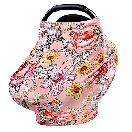 Image of Pink Baby Car Seat Cover Girls, Infant Carseat Canopy, Stretchy Multi- use Nursing Cover for Stroller/High Chair/Shopping Cart/Car Seat Canopies (Floral)