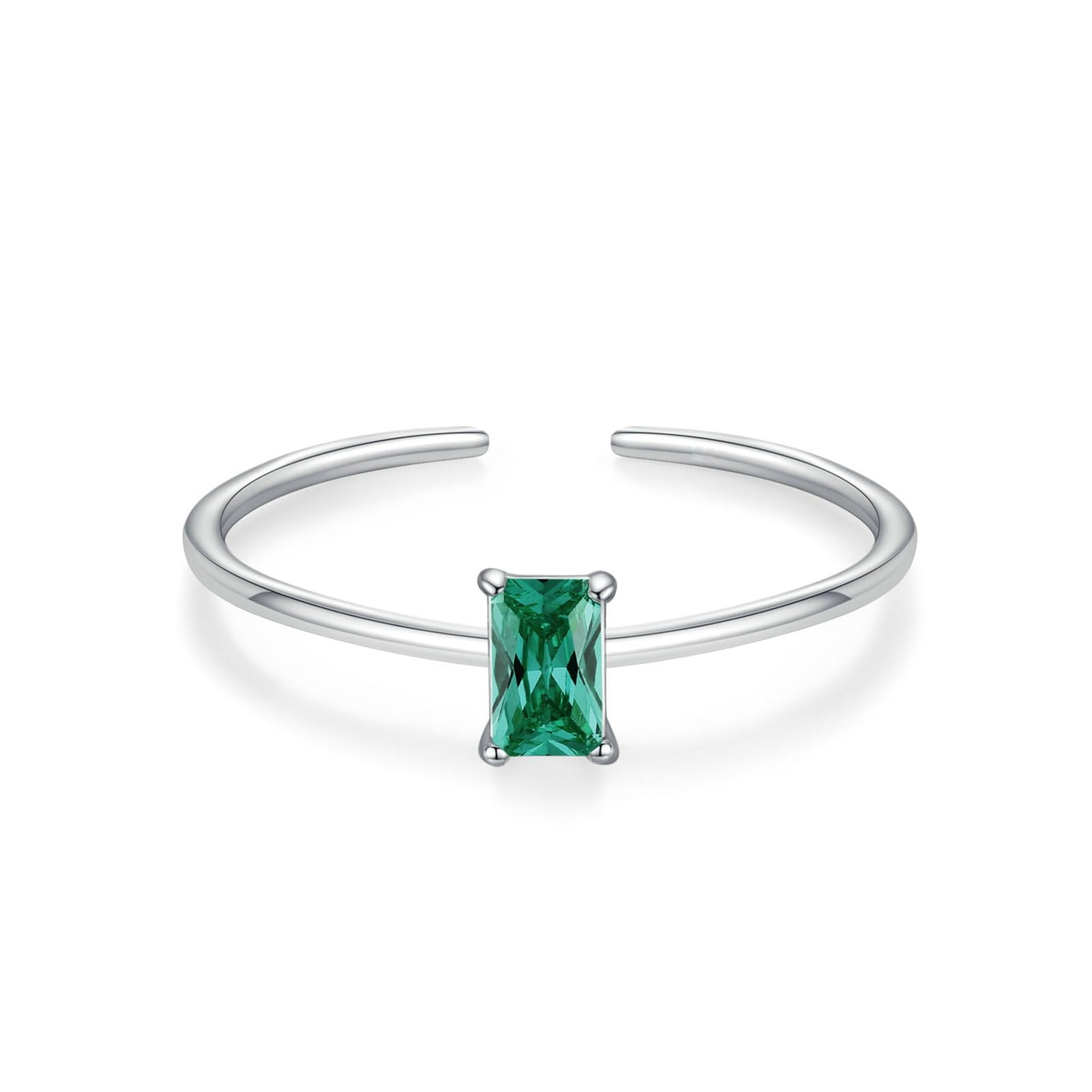 Bague de fiançailles vintage en or blanc 9 carats pour femme, bague ouverte verte avec émeraude créée de forme rectangulaire