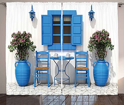 Ambesonne Travel Curtains, Traditional Greek Design Holiday Summer House with