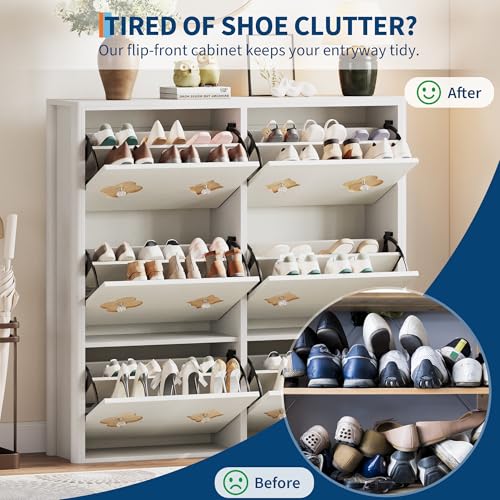 Image of GarveeHome Shoe Storage Cabinet with 6 Flip Drawers, Narrow Wood Shoe Organizer Cabinet with Floral Pattern, Freestanding Slim Shoe Rack Cabinet with Adjustable Shelves, for Entryway, Hallway, White
