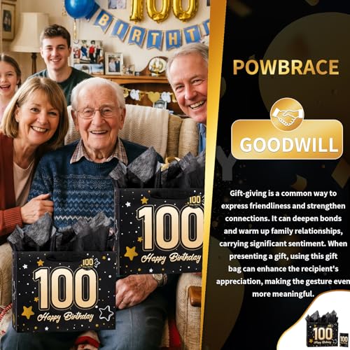 Image of Powbrace 13 inch Black 100th Birthday Gift Bag with Tissue Paper and Greeting Card for Party,Happy Birthday Gift Bag for Men Women,Gift Bags Medium size(1 Black 100th)