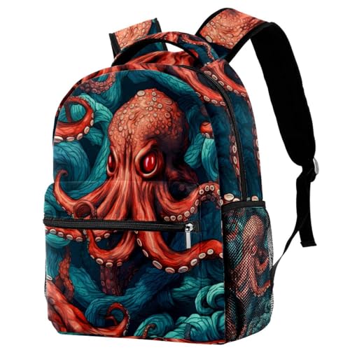 Sac à dos de voyage enfant avec porte-bouteille imprimé pieuvre rouge