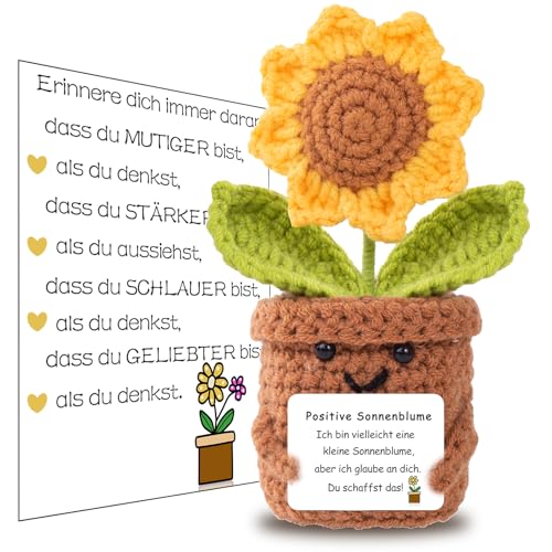 BOAITE Pocket Hug Positive Sonnenblume, kreative Strickwolle-Puppe und Glücksträger-Gefühlskarten, Mutmacher-Geschenk für Einschulung und Gute Besserung