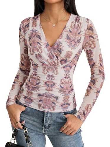 GRACE KARIN Mesh Long Sleeve Tops for Women,Wrap V Neck Boho Top Dressy Casual,Ruched Floral Blouses Clothes Folk Floral L