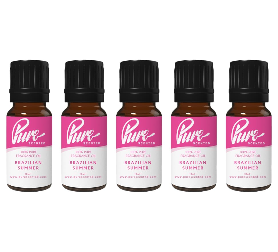 Pure Scented 50ml Fragrance Oils - 5 x 10ml Suitable for Candles, Soaps, Slime, Diffusers, Cosmetics, Wax Melts, Designer (5 x 10ml, Brazilian Summer)