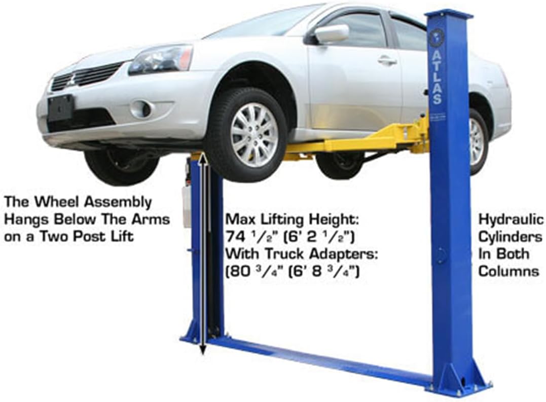 ATLAS Automotive Equipment 9KBPX 2-Post Lift/Hoist, Baseplate Style, 9'6" Minimum Ceiling Height, 9,000lb Capacity, Symmetric Arms, Dual Hydraulic Chain Drive Cylinders, for Low Ceiling Home Use