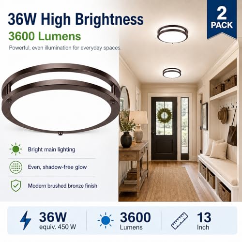 Image of 2-Pack Oil-Rubbed Bronze Flush Mount LED Ceiling Lights, 13Inch 36W Super Bright 3600lm Dimmable Ceiling Light Fixtures, 5CCT Selectable 2700K-6500K, Energy-Efficient Modern Ceiling Lamp, Easy Install