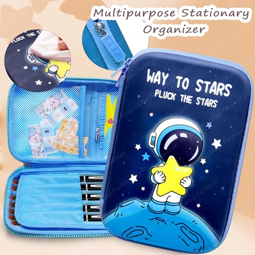 Image of FunBlast Space Pencil Case for Kids, Pencil Pouch with 10 Color in 1 Pen, Pencil case for Boys, Pencil Box for Kids, Return Gifts - Space & Astronaut Theme (Blue)
