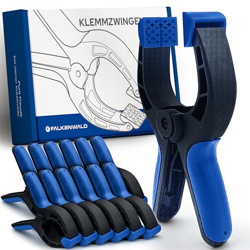 Falkenwald® Klemmzwingen 12er Set für Leimen, Pool, Fotografie mit großer Spannweite - Klemmzwinge mit hoher Spannkraft - Leimzwingen - Federklemmen - Klammern Klemme