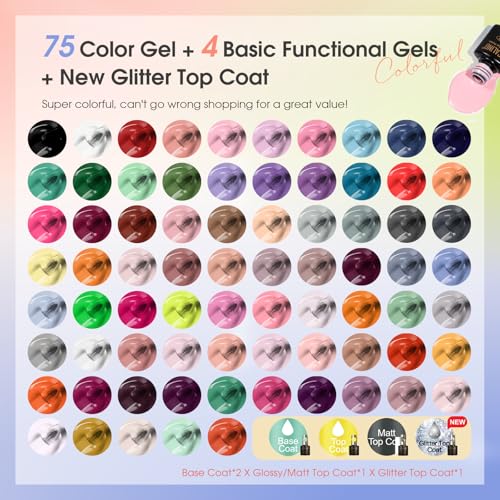 Image of ROSALIND 80PCS Gel Polish Set, 75 Colors Gel Nail Polish with Glossy Matte Glitter Top Coat Base Coat Multi-Colred u v Nail Polish Kit Soak Off Nail Set for Women