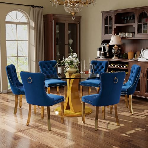 Image of 7-Piece Dining Table Set with 47In Tempered Glass Table and 6 Velvet Upholstered Chairs, Modern Scandinavian Furniture for Dining Room Kitchen(Blue&Gold)