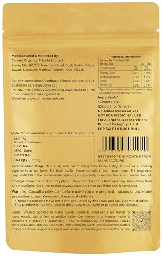 Image of CARMEL ORGANICS Ginger Dried Root Powder (100 Grams)| Zingiber officinale | NON-GMO | No Added Preservatives | Sukku Podi | Dry Sonth /Adrak Powder for Cooking and Health