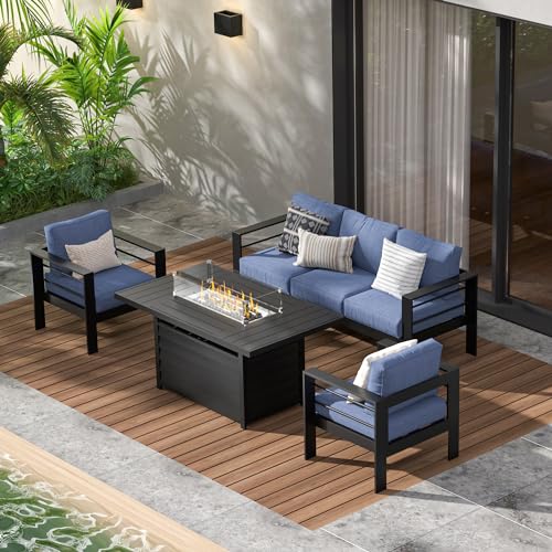 Wisteria Lane Aluminum Patio Furniture Set, 5 Seats Metal Outdoor Furniture Set with CSA Certified 54in Propane Gas Fire Pit Table, Patio Conversation Set with 5in Olefin Cover Cushions, Blue