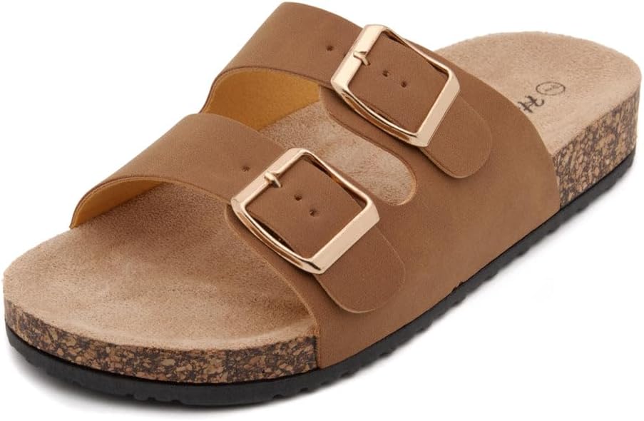 Herstyle Softey Womens Cork Footbed Sandals Adjustable 2 Strap Comfort Slides Slip On Open Toe Flat Sandals Summer Beach Casual Everyday Wear
