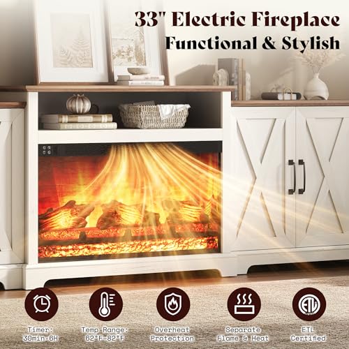 Image of AMERLIFE 97 inch Large Fireplace TV Stand for TVs up to 110 inch, Farmhouse Entertainment Center with 33 inch Electric Fireplace, Media Console with Storage Cabinets & Adjustable Shelf, White