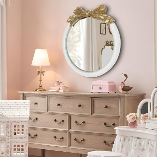 Antique Bow Round 26x26 inch Wall Mirror, White and Gold Bow Frame Circle Mirror for Wall Decor for Bathroom Sink, Living Room, Hallway & Bedroom - Image 3