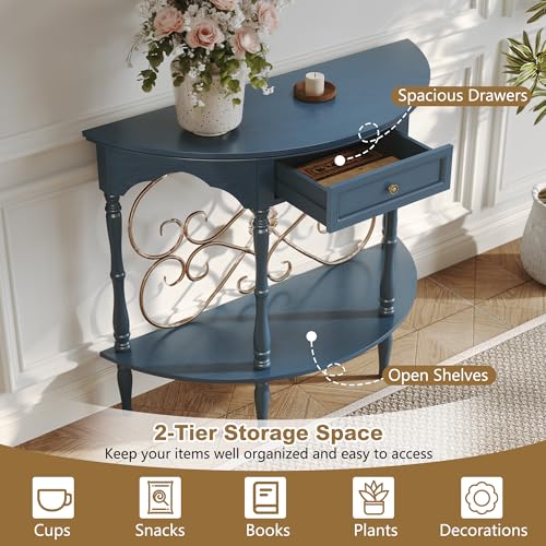ARTPOWER Half Moon Console Table for Entryway, Minimal Assembly, Vintage Wood Accent Table with Drawer and Floral Wrought Iron, Entryway Table with Shelf for Living Room, Foyer, Hallway Blue