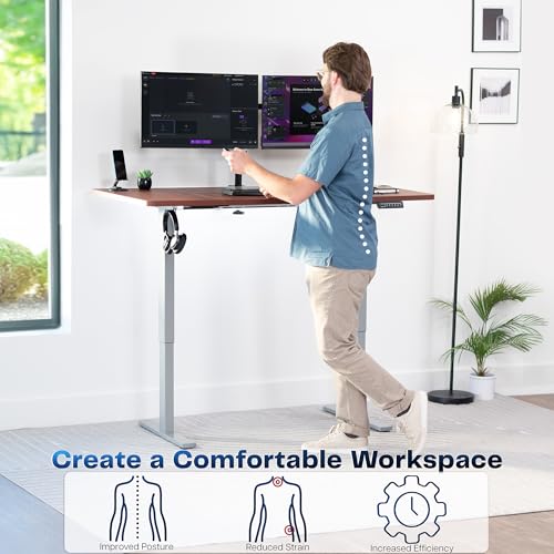 Image of VIVO Dark Walnut 60 x 30 in Standing Desk, DESK-KIT-1G6D-30 | Electric, Holds 220 lbs, Sit Stand, Height Adjustable, Extra Deep Table Top, Memory Presets, 1B Series, Gray Frame