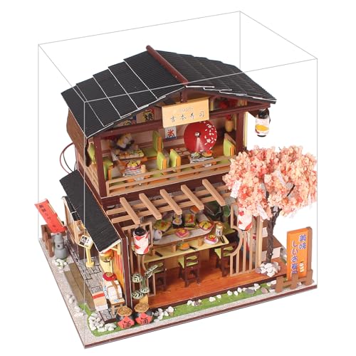 DIY Sushi Shop Model, Dollhouse Miniature DIY House Kit Wooden Creativity Japanese LED Assembly Mold Toys Creative Room with Furniture for Romantic Valentine's Gift