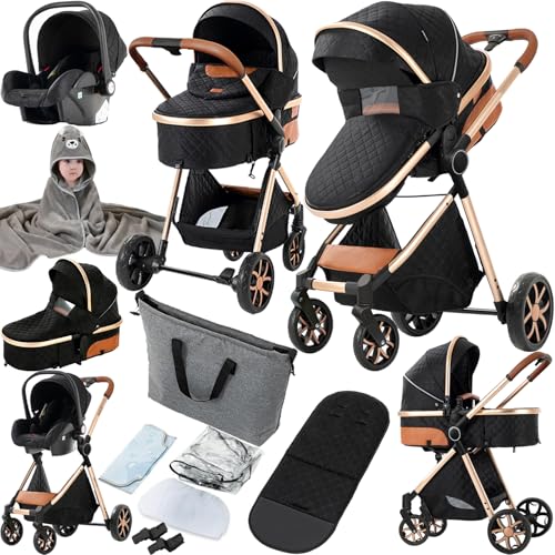 Prokoke Poussette 3 en 1, Poussette avec Réversible Deux Façons de Pousser, Pousette 3 en 1 avec Alliage d'aluminium à Cadre, Poussette Canne avec...