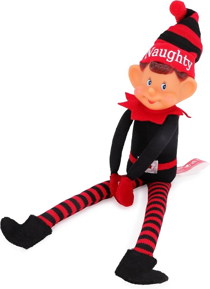 Toyland®️ Elves With Attitude 35cm (14") Red & Black 'Naughty' Elf Soft Toy - Knitted Hat & Legs - Vinyl Cheeky Face & Stick Together Hands