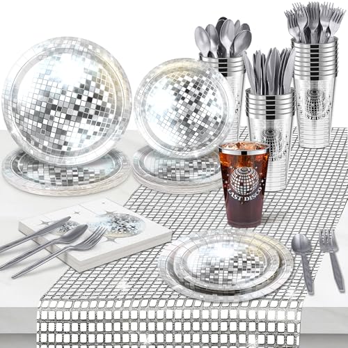 Kochorie 169 Pieces 70s 80s Disco Party Supplies Silver Disco Ball Disposable Tableware Set with Plates Napkins Plastic Cups Cutlery Table Runner for 24 Guest Bachelorette Wedding Birthday Party Decor