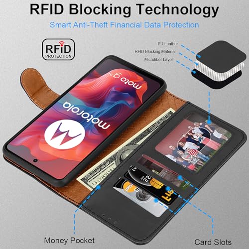 iCatchy Case for Motorola Moto E14 / G04 / G24 Leather Wallet Book Flip Stand View Magnetic Protect RFID Blocking Shockproof Cover compatible with Motorola G04 / E14 Phone (Black) - Image 2