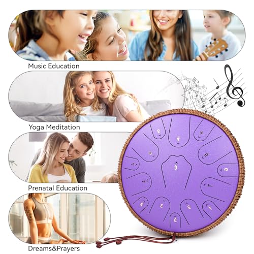 Image of Steel Tongue Drum-14 Inch 15 Notes Tongue Drums, Steel Drum Instrument for Adults, Handpan Drums with Music Book, Handpan Drum Mallet, and Carry Bag, C Major (Purple)