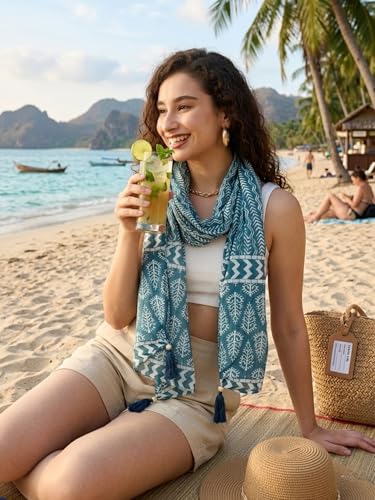 Image of KE KANHA EXPORTS Scarf for Women Premium Cotton Boho | Dual Tone Border Print Stole with Tassels | Lightweight Summer Beach Wrap 180 x 50 cm FREE Scrunchie Included