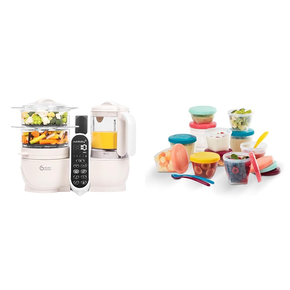 Babymoov Set Nutribaby Plus Mineral Beige - Babynahrungszubereiter, 2200ml Fassungsvermögen + Babybols Aufbewahrungsbehälter für Babynahrung 15-teilig (3x120ml + 3x180ml + 6x250ml + 3 flexible Löffel)