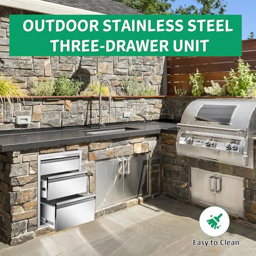 Image of Outdoor Kitchen Drawers 18 inch W x 21 inch H x 23 inch D Stainless Steel Triple Drawers with Hidden Handle for BBQ Island, Patio Grill Station & Outdoor Kitchen Cabinets