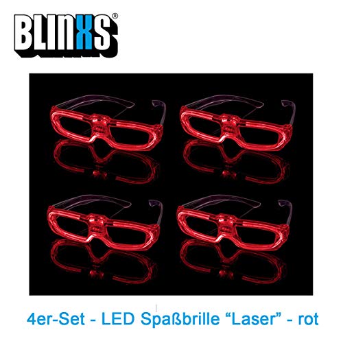 Preisvergleich Produktbild BLINXS 4er Set LED Brille / Leuchtbrille / Spaßbrille Laser - rot Leuchtend / blinkend - für Party, Karneval, Festival, Konzerte und Club - mit austauschbaren Batterien