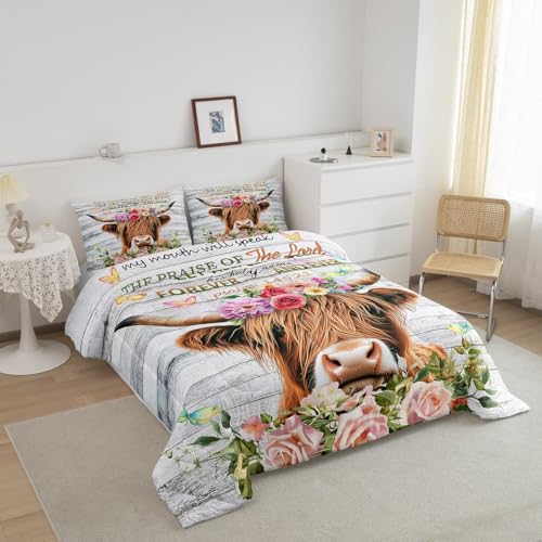 Image of Feelyou Highland Cow Comforter Set Rose Highland Cattle Bedding Set for Kids Boys Girls Bull Cattle Comforter Botanical Floral Quilt Set 1 Comforter Set with 2 Pillowcases Queen Size