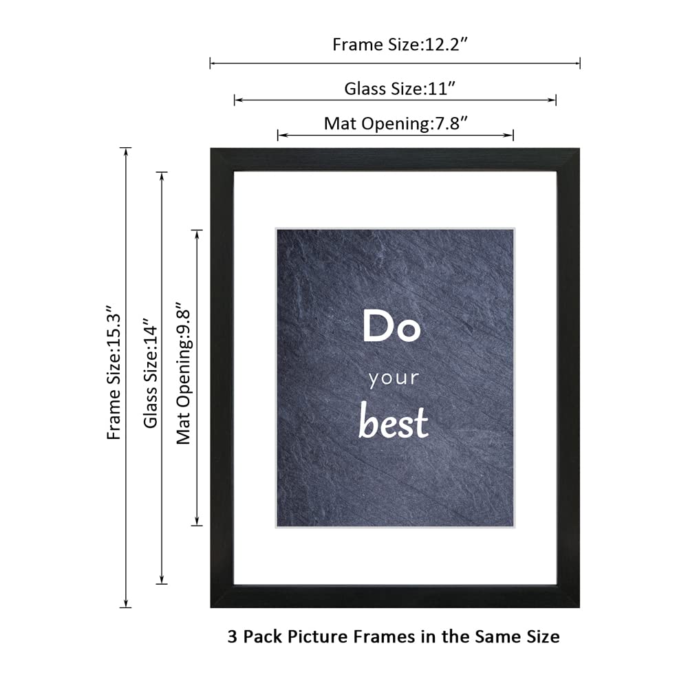 DEKWINN 11x14 Picture Frame Set of 3 with Real Glass for Pictures 8x10 with Mat or 11x14 Without Mat, Wall Gallery or Tabletop display Photo Frames in Black