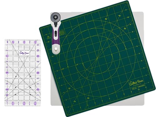 The Quilted Bear 12" x 12" Self-Healing Rotating Cutting Mat with 6.5" x 12" Non-Slip Quilting & Sewing Ruler & 45mm Ergonomic Soft Grip Rotary Cutter - Image 2