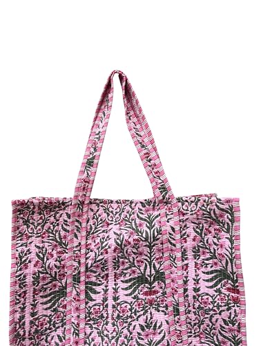Image of Quilted Cotton Hand printed Reversible Large multicolor cotton Tote Bag,Indian Handmade Block Printed Tote Bag Women Handbag