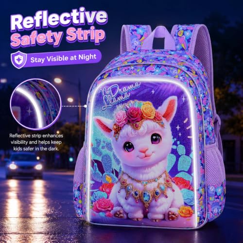 Image of AGSDON 3PCS Alpaca Kids Backpack, 16 inch Large Capacity Elementary Backpacks for Girls, Lightweight Toddler Schoolbag with Lunch Box