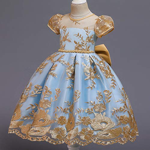 NNJXD Girl Flower Printed Cotton Elegant Tulle Bow Belt Princess Dress4